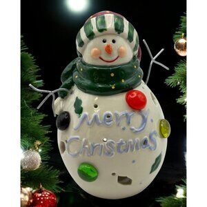 Cheerful Snowman Tealight Holder Merry Christmas Ceramic